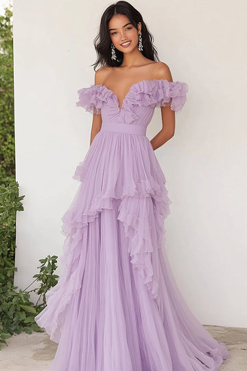 Robe de Soirée plissée à volants lilas à épaules dénudées